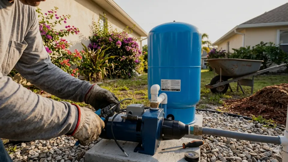 Well pump repair work beside a pressure tank on the Treasure Coast